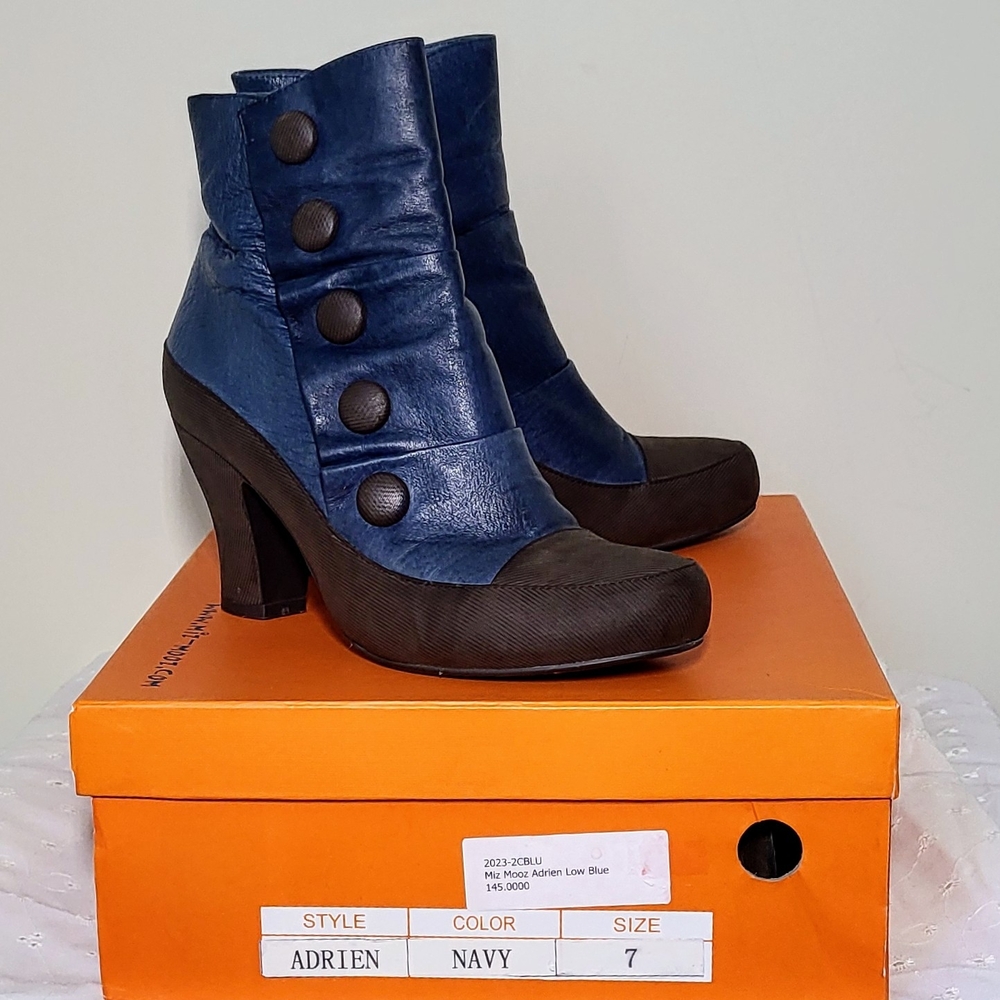 Miz Mooz Blue and Black Heeled Boots with Vintage Flair